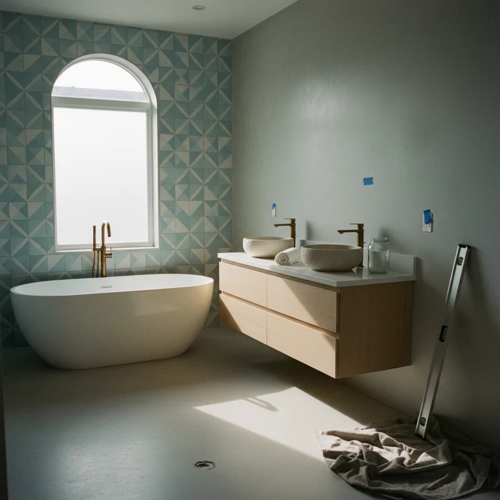 A modern, bright Miami bathroom with a walk-in shower, freestanding tub, and double vanity with light wood finishes.