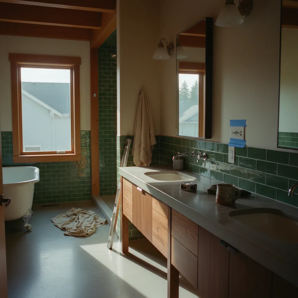 A modern, newly remodeled bathroom in a Portland home, featuring a walk-in shower with black fixtures, a wooden vanity, and clean white and grey tiles.