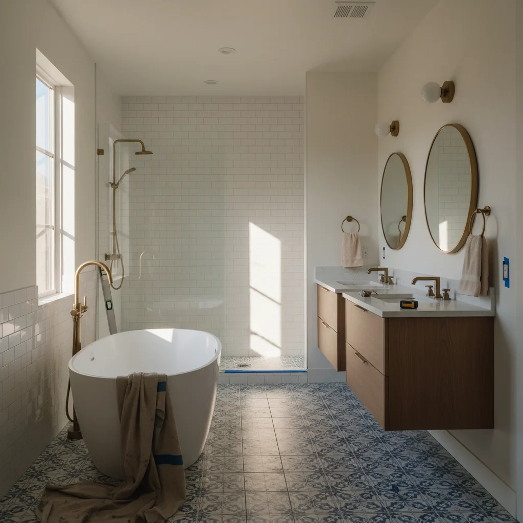 A modern, bright bathroom in a San Diego home featuring a freestanding tub, walk-in glass shower, and double vanity with light wood cabinetry.