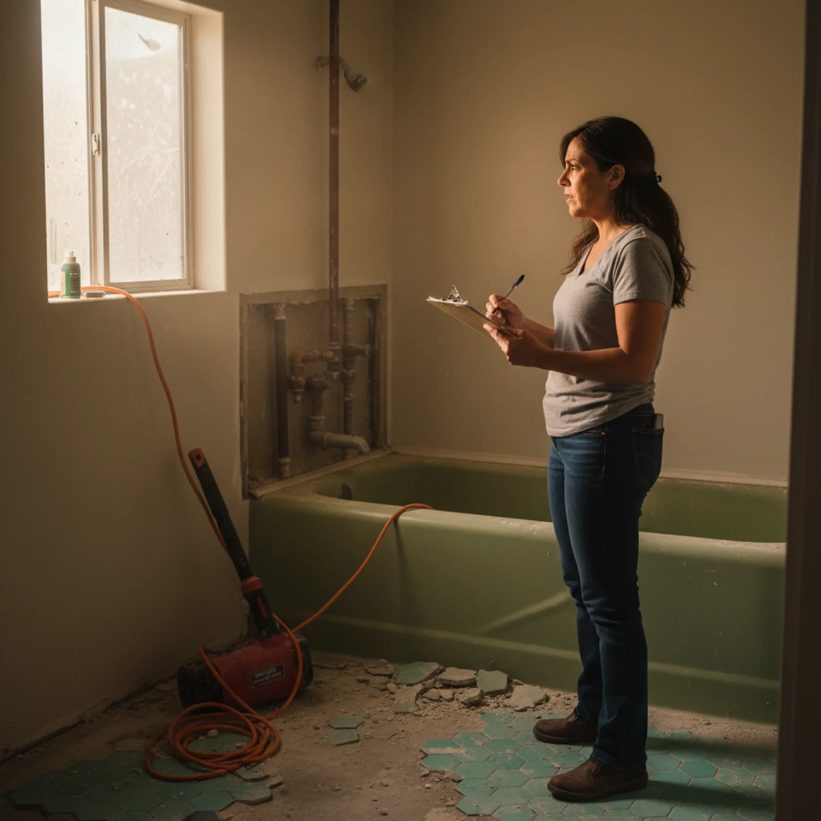 A general contractor examining exposed galvanized plumbing uncovered behind an old bathtub during a San Diego bathroom renovation — the moment most budget overruns begin