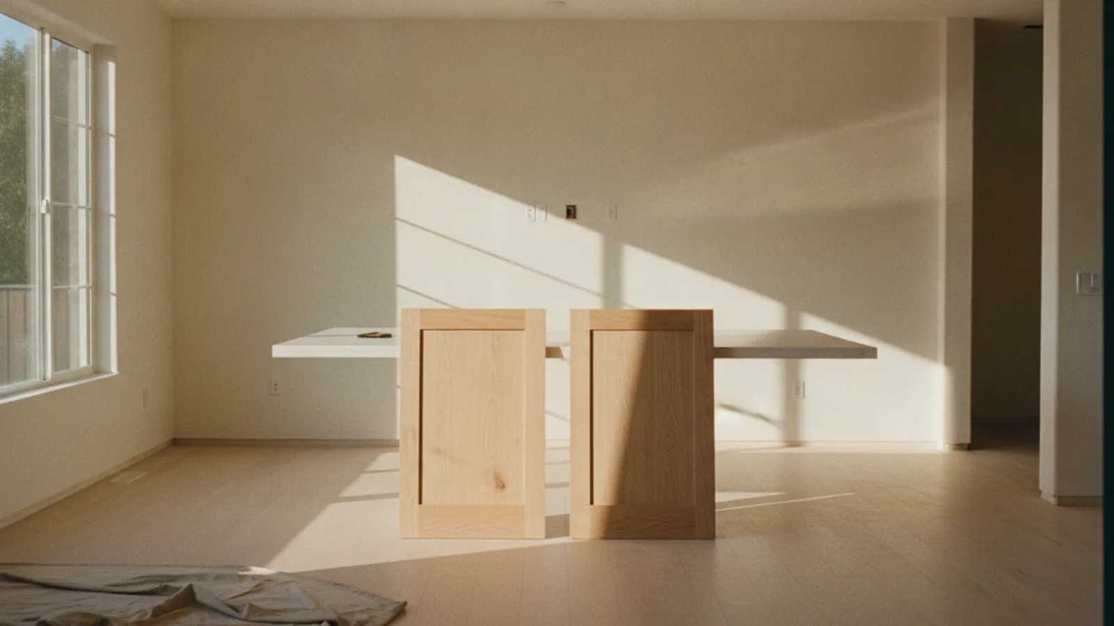 Two natural oak Shaker cabinet doors standing against a kitchen island in a bright California room, with afternoon window light across the wall behind them