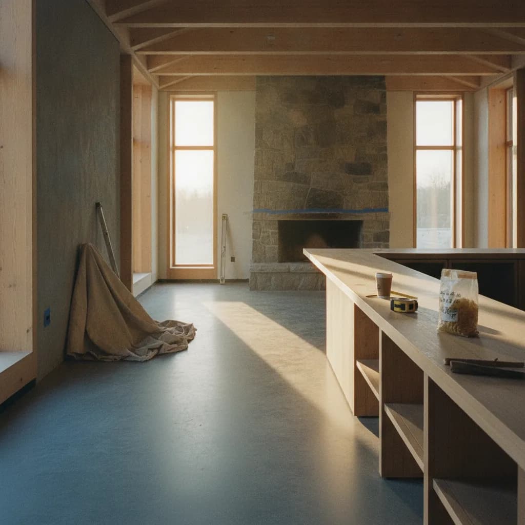 A calculator and a pen resting on architectural blueprints for a home renovation project.