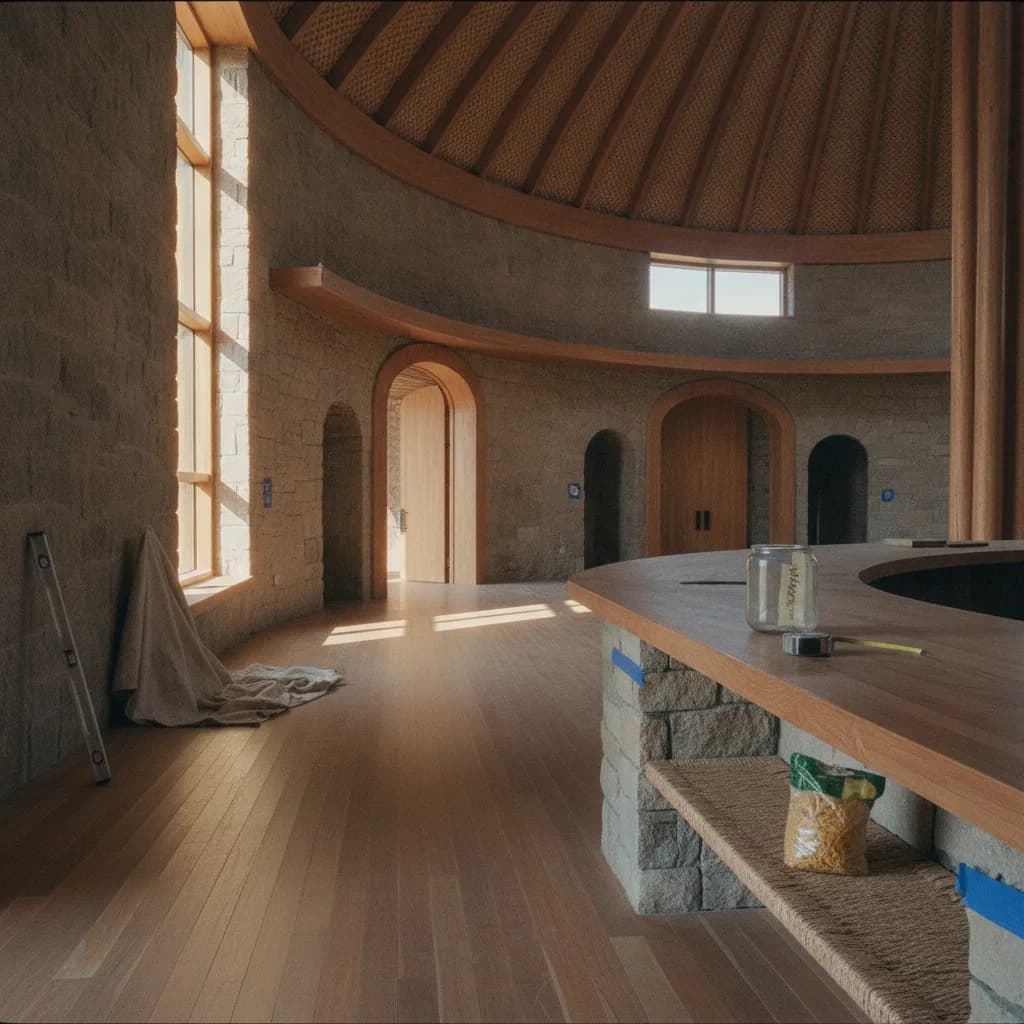 A bright, newly remodeled kitchen with white oak cabinets, a large marble island, and pendant lighting, shown in the final stages of completion.