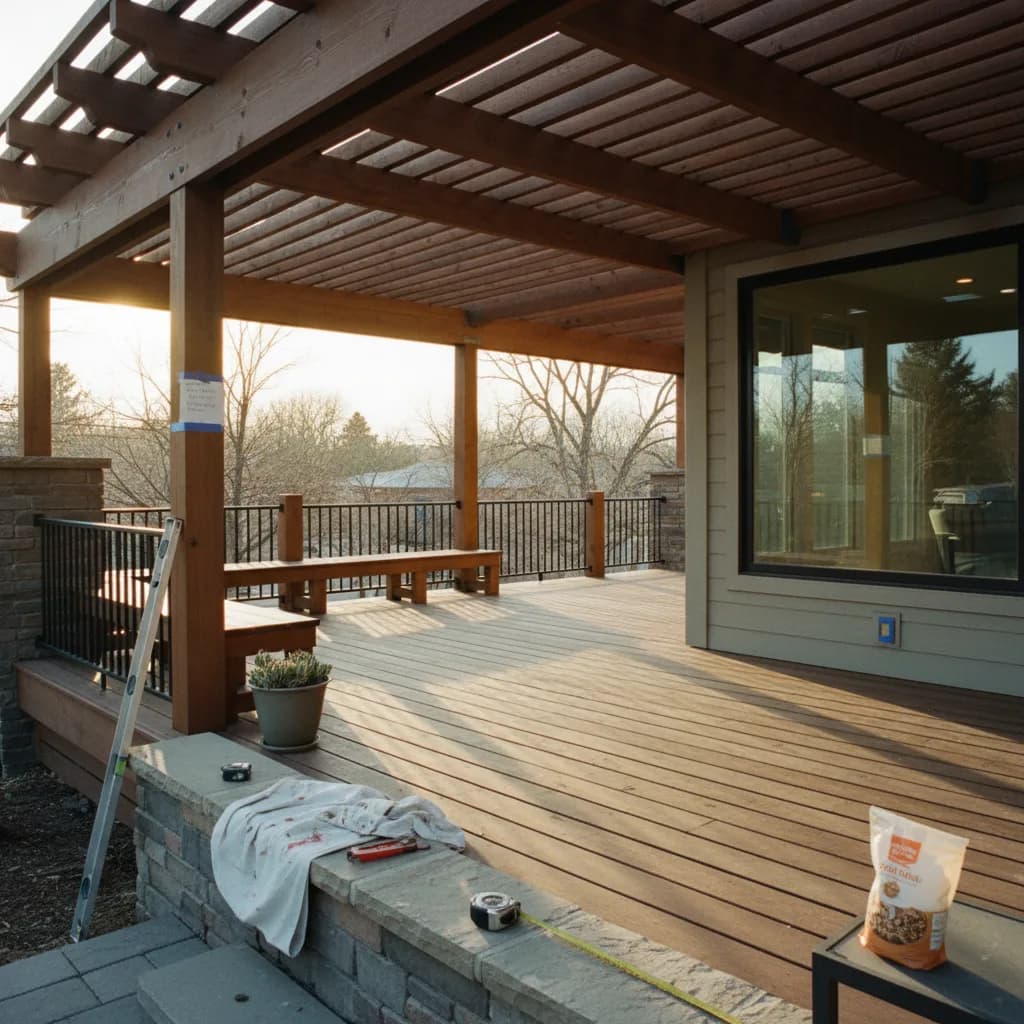 A modern composite deck with a pergola in a Denver backyard, featuring comfortable outdoor furniture and mountain views in the distance.