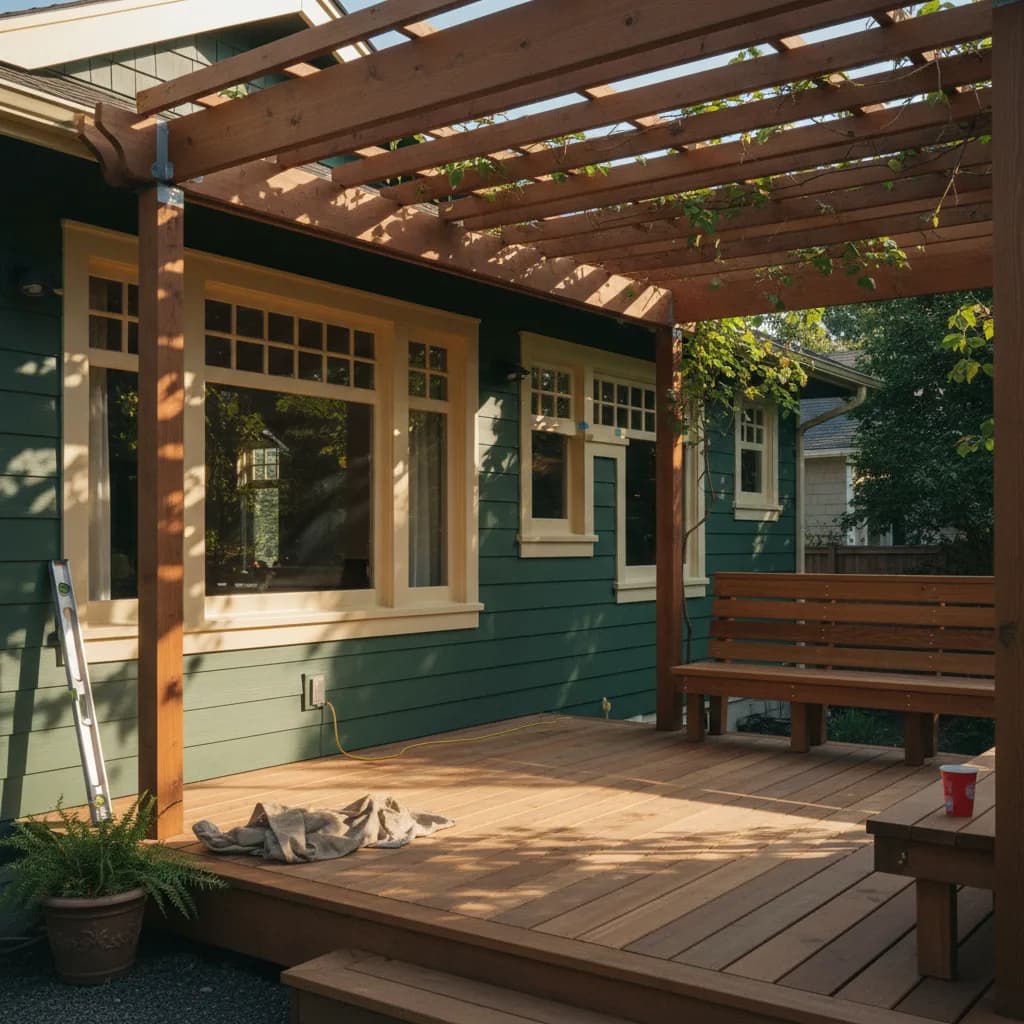 A modern cedar deck and black pergola in a lush Portland backyard, furnished for outdoor living under tall evergreen trees.