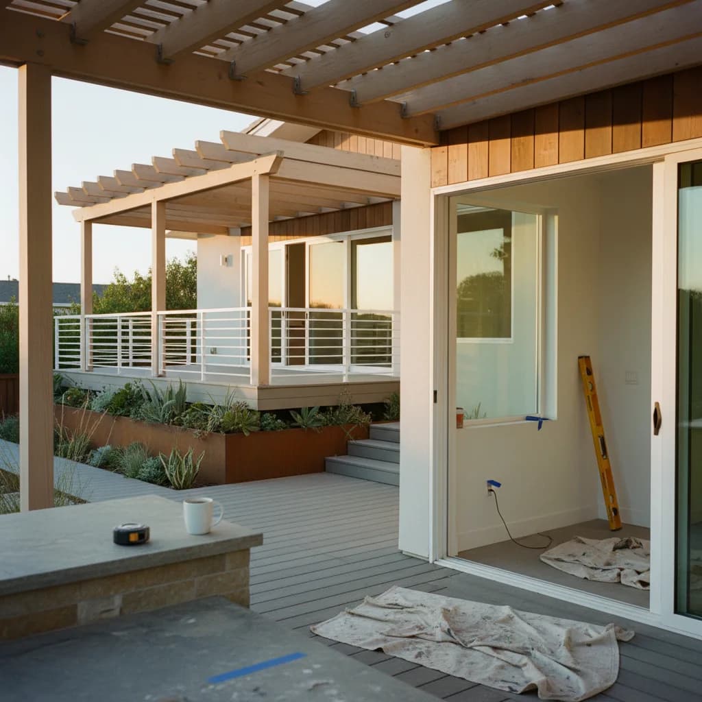 A modern composite deck with a black aluminum pergola overlooking a canyon in a San Diego home, complete with outdoor furniture.