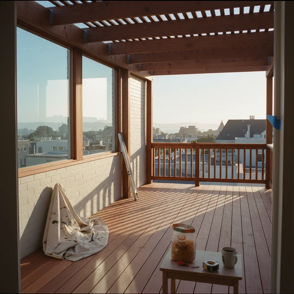 A modern Ipe wood deck with a black metal pergola overlooking the San Francisco skyline at dusk.