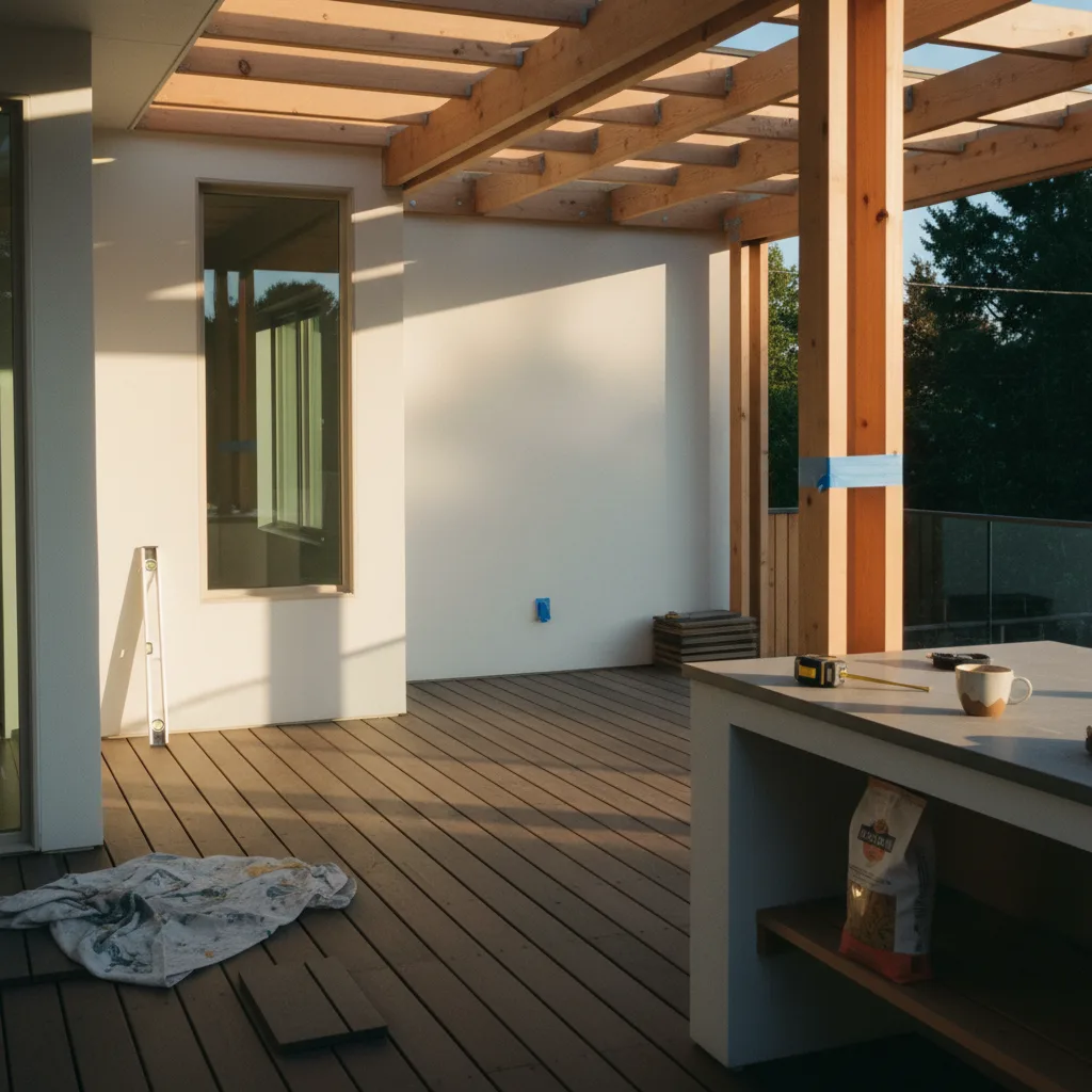 A modern composite deck with a dark-stained cedar pergola overlooks a lush, green backyard in a Seattle neighborhood.
