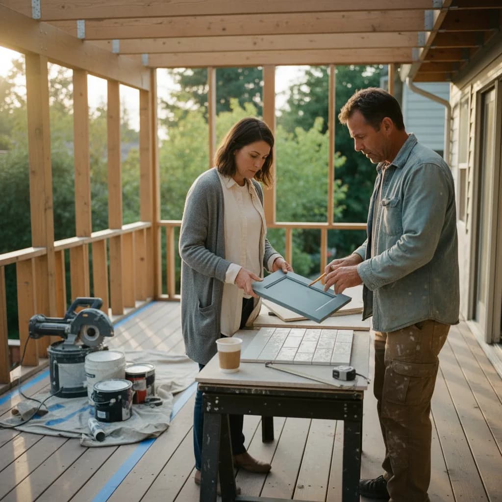 Seattle homeowner and contractor discussing composite decking samples on a newly framed deck.