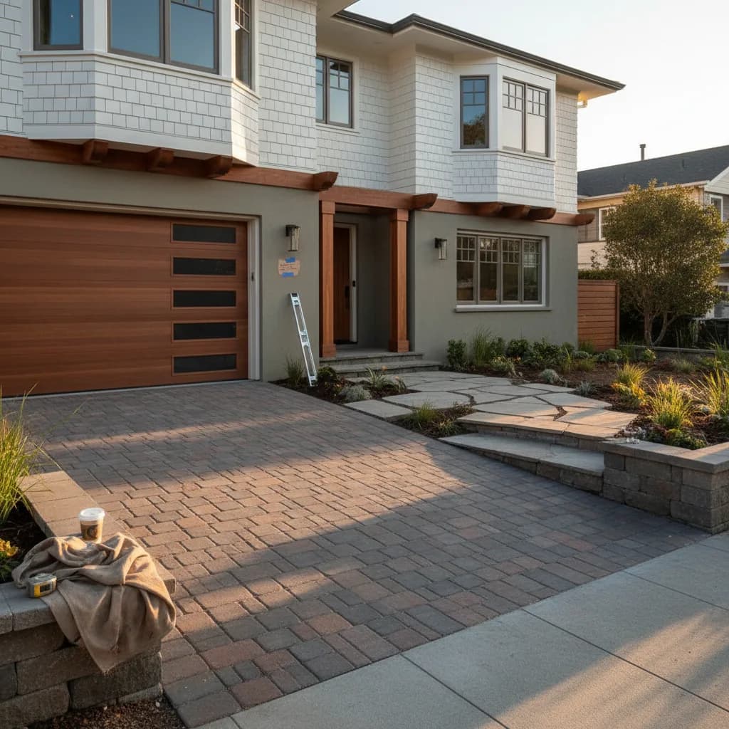 A newly installed stamped concrete driveway in a modern San Francisco home, showing clean lines and professional finishing.