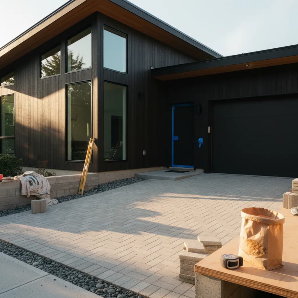 A newly installed stamped concrete driveway in a residential Seattle neighborhood with a modern home in the background.
