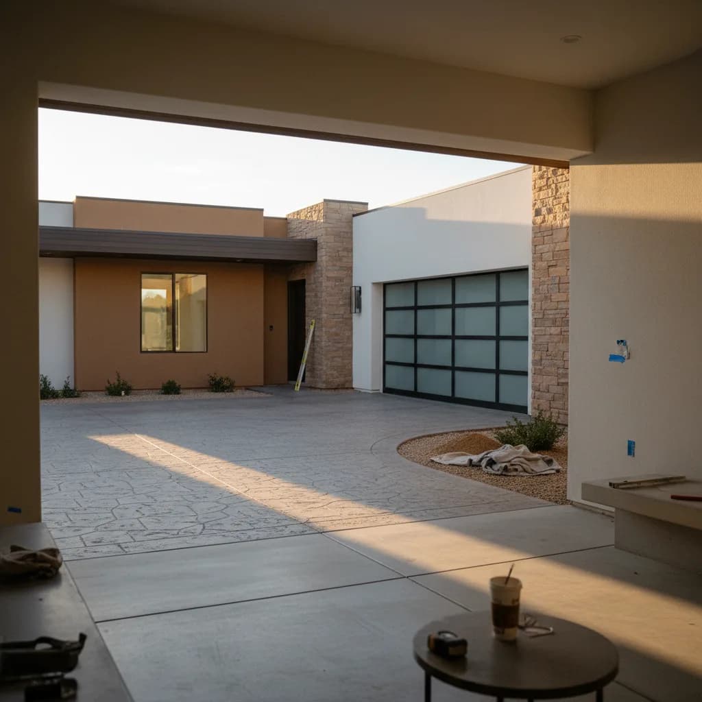 A newly installed paver driveway in a Las Vegas suburban home, with desert landscaping and a clear blue sky.