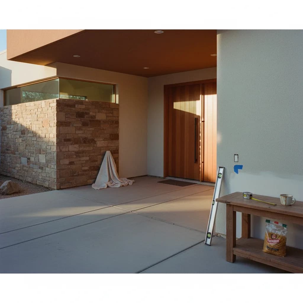 A newly installed paver driveway in a modern Phoenix home, with clean lines and desert landscaping under a clear blue sky.
