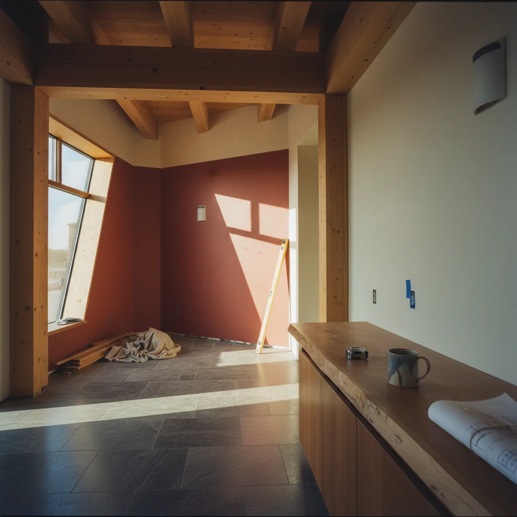 A modern, energy-efficient home at dusk with solar panels on the roof and warm light glowing from the windows.