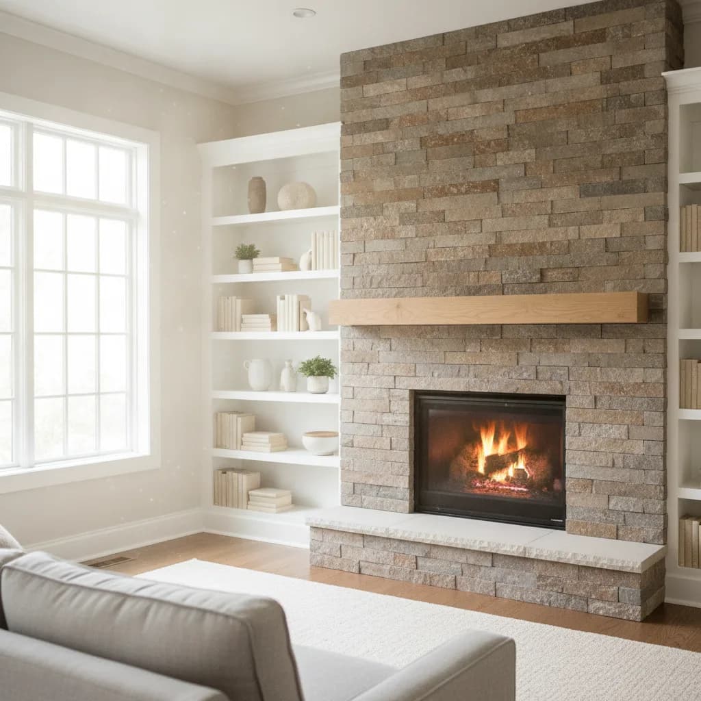 A remodeled living room fireplace with a stacked stone veneer surround, white oak mantel, and built-in white shelving on both sides
