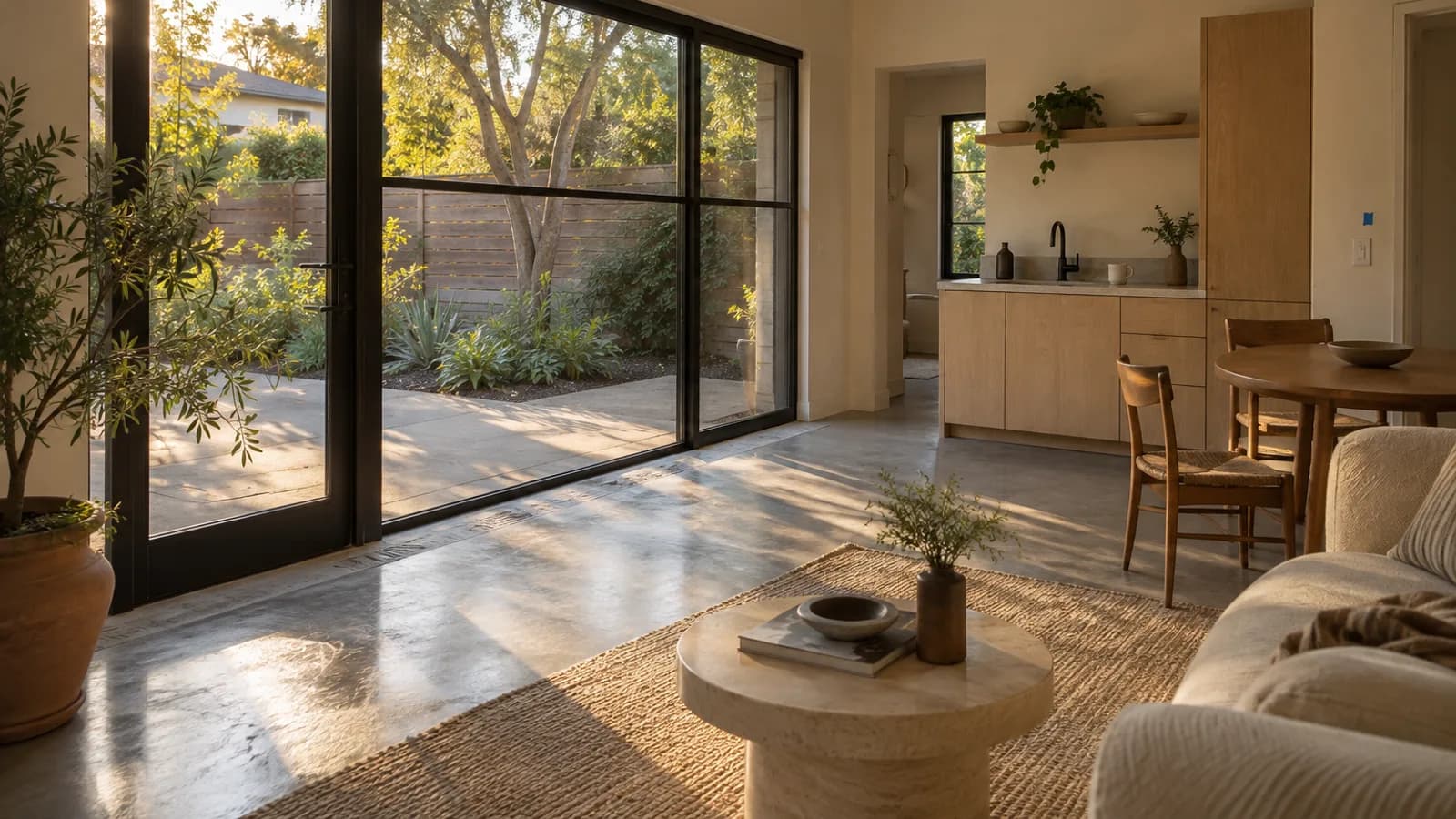 A newly completed garage conversion ADU with a modern design, featuring large windows and a small patio, integrated seamlessly into a suburban backyard.