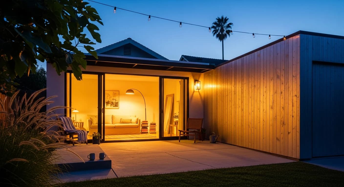 A finished garage conversion at dusk, its sliding glass doors open and the room inside glowing warm amber against a deep blue sky. String lights overhead, ornamental grasses and a fig tree framing the garden, two mugs left on the step and a blanket over the chair.