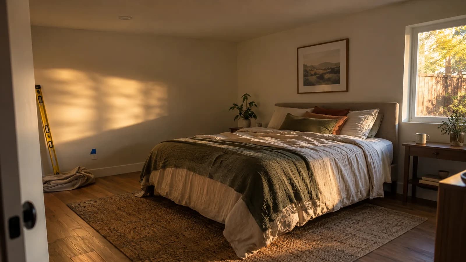 A bright, newly converted garage featuring a bedroom with a large window, light wood flooring, and modern furniture.