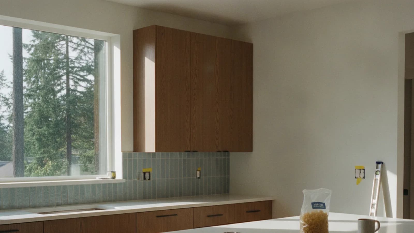 A bright, modern kitchen in a Seattle home, featuring white cabinets, a large central island with a quartz countertop, and stainless steel appliances.