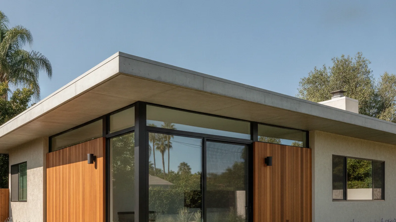 The wood-framed structure of a new home addition under construction, with exposed beams and plywood sheathing under a clear blue sky.