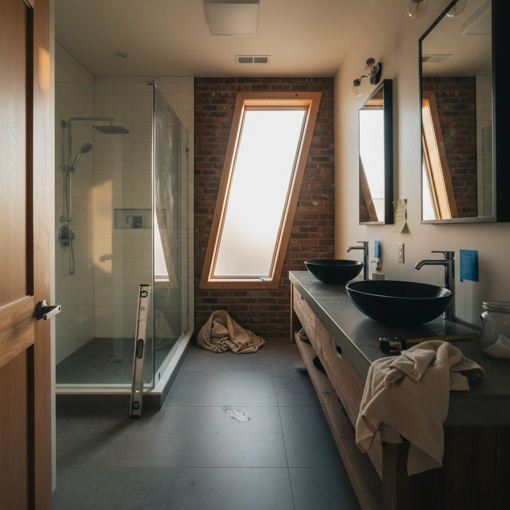 A modern, newly remodeled bathroom in a Denver home, featuring a freestanding tub, walk-in glass shower, and double vanity with clean lines.