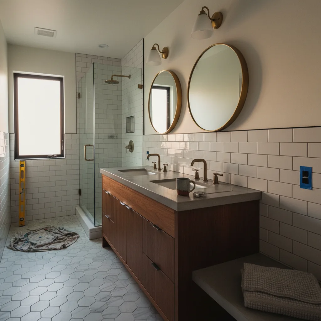 A modern, newly remodeled bathroom in a San Francisco home, featuring a walk-in shower with glass doors, a floating vanity, and clean tile work.