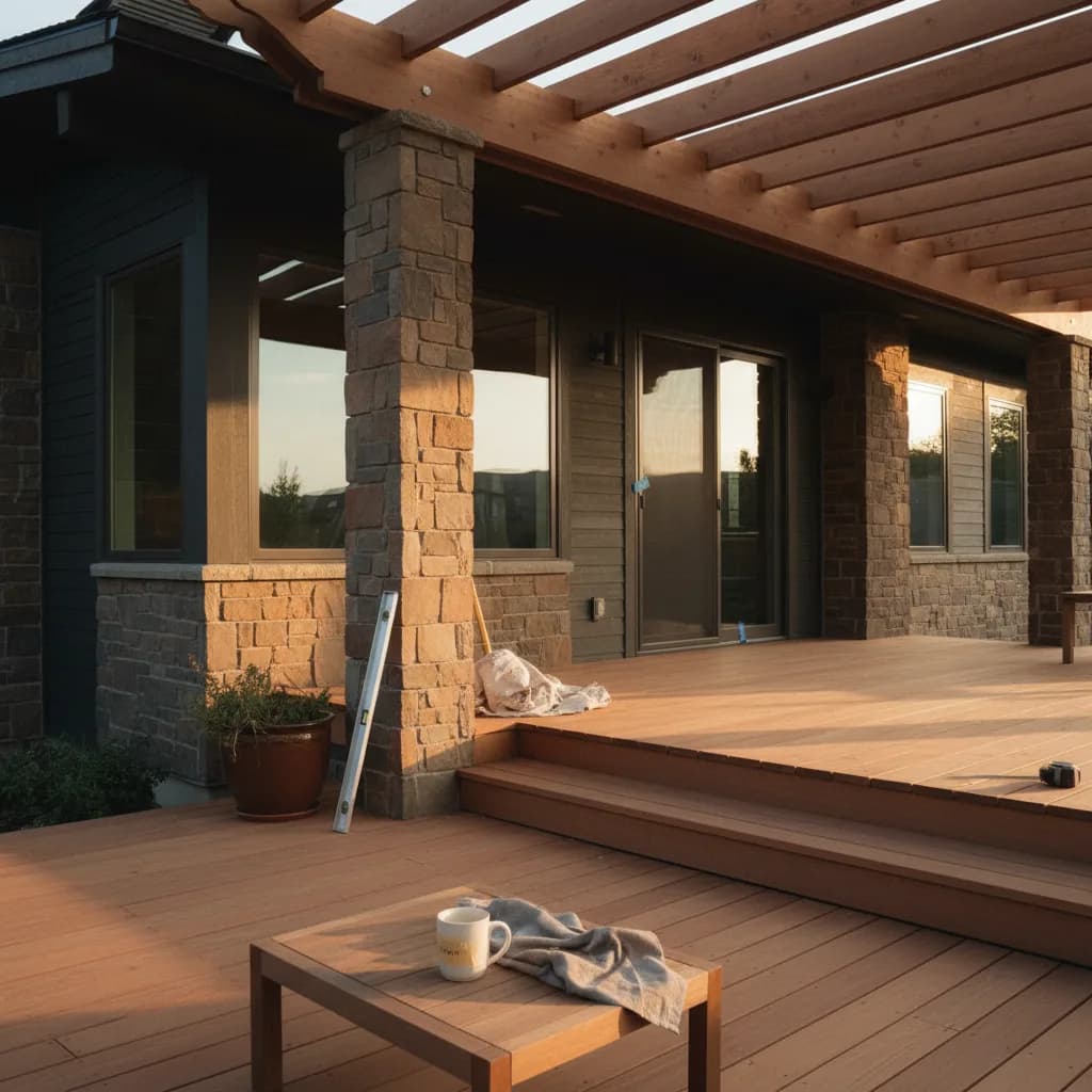 A modern composite deck with a black pergola attached to a contemporary Denver home at dusk, with ambient lighting.