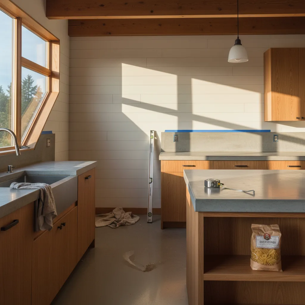 A newly remodeled modern kitchen in a Portland home, with an island, sleek cabinets, and large windows looking out to a green backyard.
