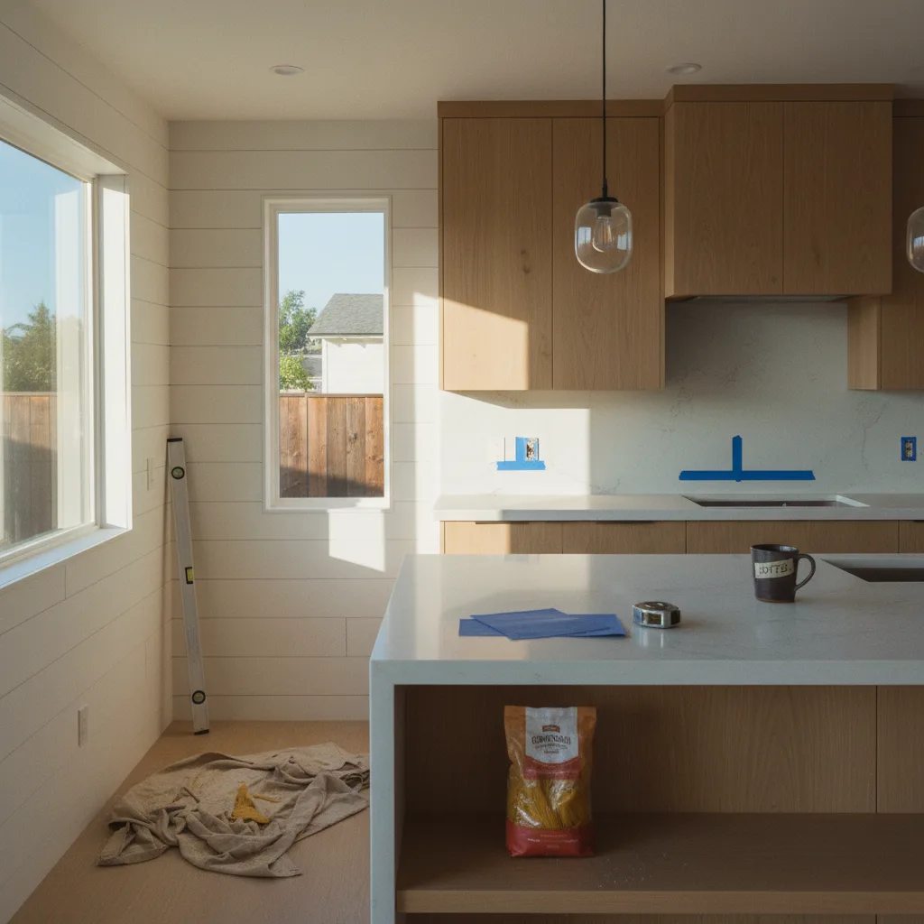 A newly remodeled modern kitchen in a San Diego home, featuring an island with a waterfall countertop, sleek cabinetry, and large windows with natural light.