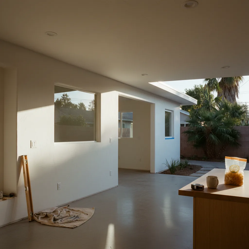 A newly constructed, modern one-story ADU in a sunny Los Angeles backyard, with a small patio and drought-tolerant landscaping.