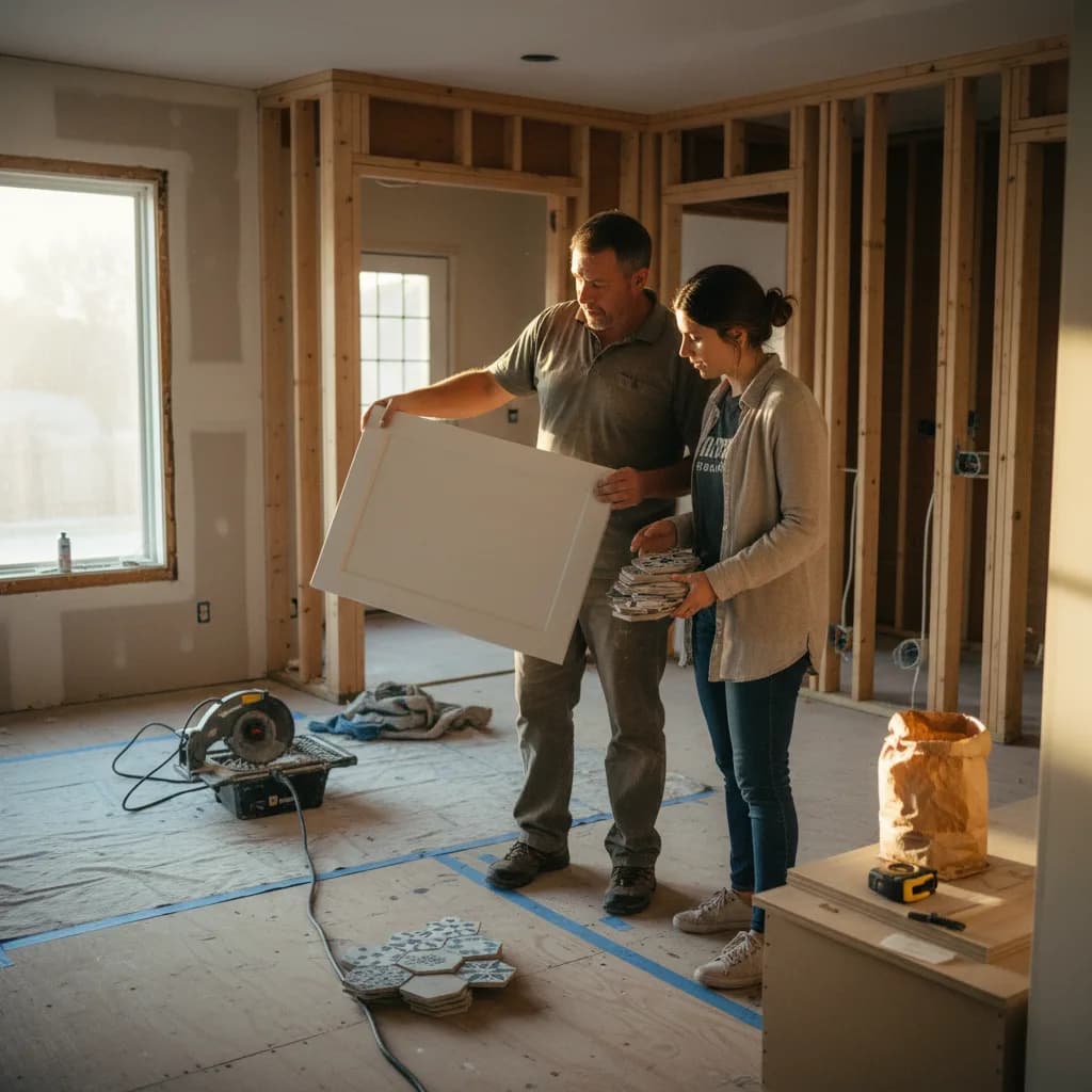 A homeowner and their general contractor review tile samples in a kitchen undergoing a gut renovation.