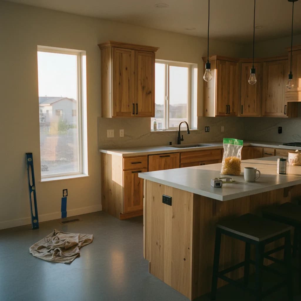 A newly remodeled kitchen in a Denver home, featuring dark blue cabinets, white quartz countertops, and stainless steel appliances.