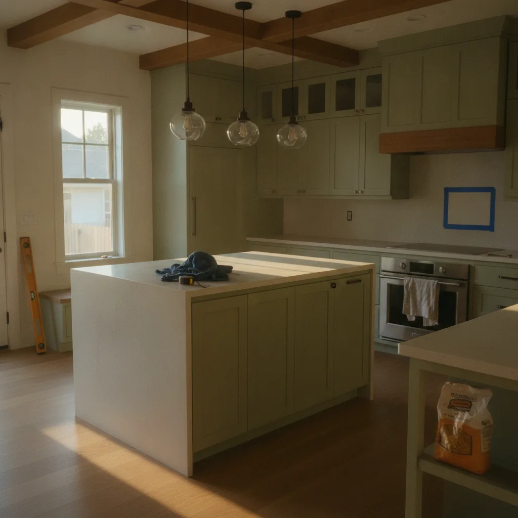 A bright, modern kitchen in a Sacramento home featuring white shaker cabinets, a blue central island with quartz countertops, and stainless steel appliances.