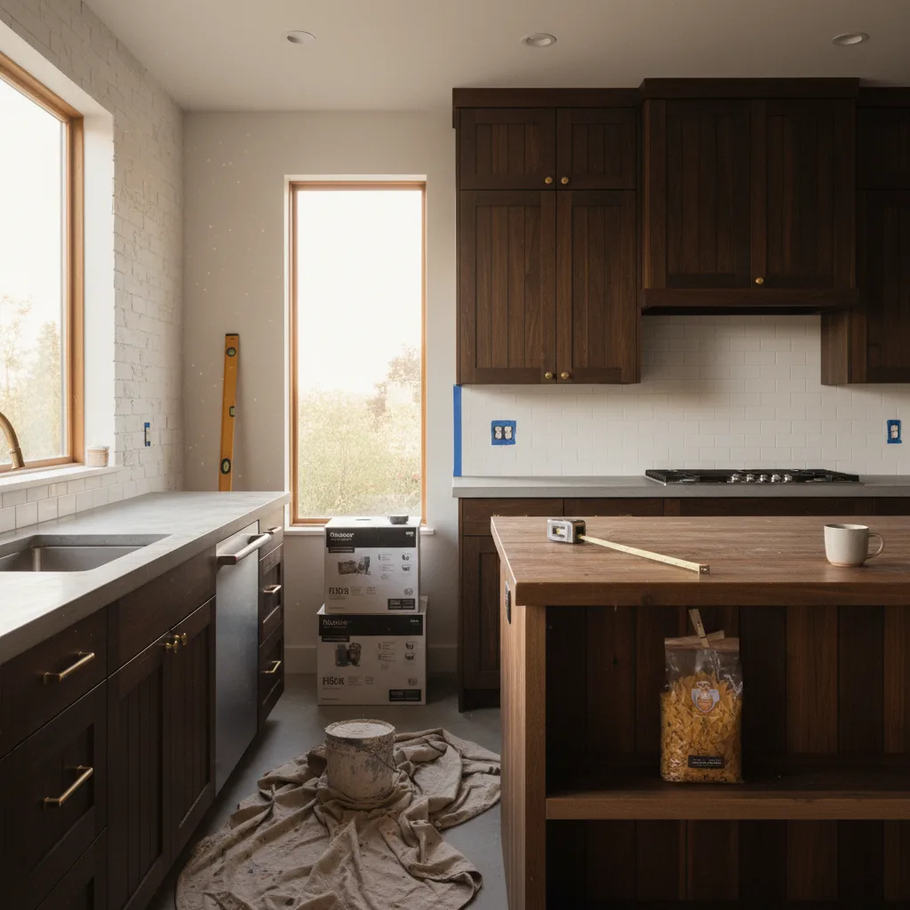 A modern Seattle kitchen with dark green cabinets, white quartz countertops, and a view of evergreen trees through a large window.