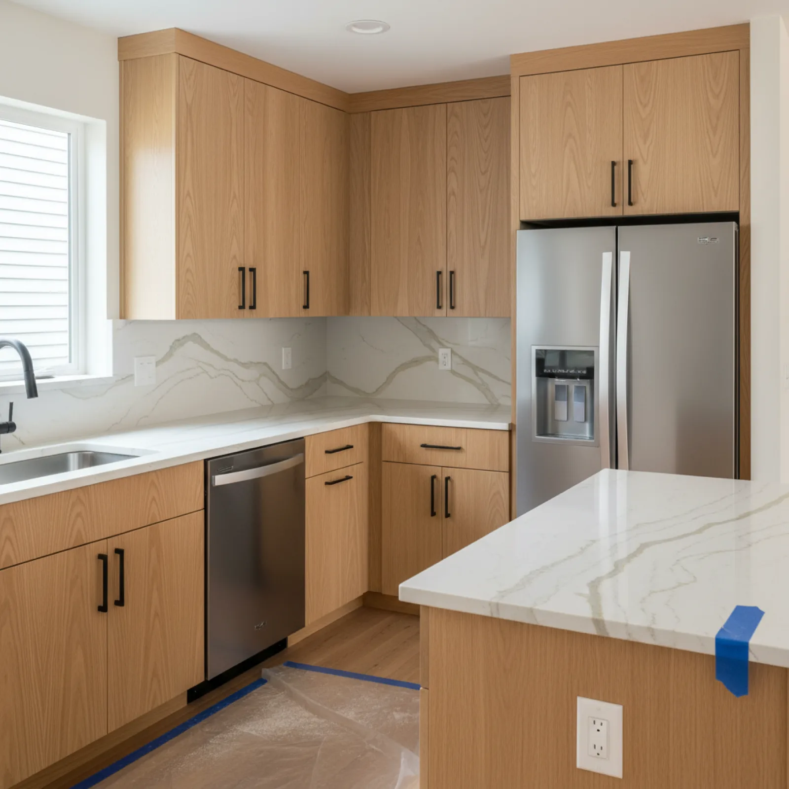 Completed mid-range kitchen remodel in Bellevue WA (2026) with rift-cut white oak cabinets and quartzite island counter