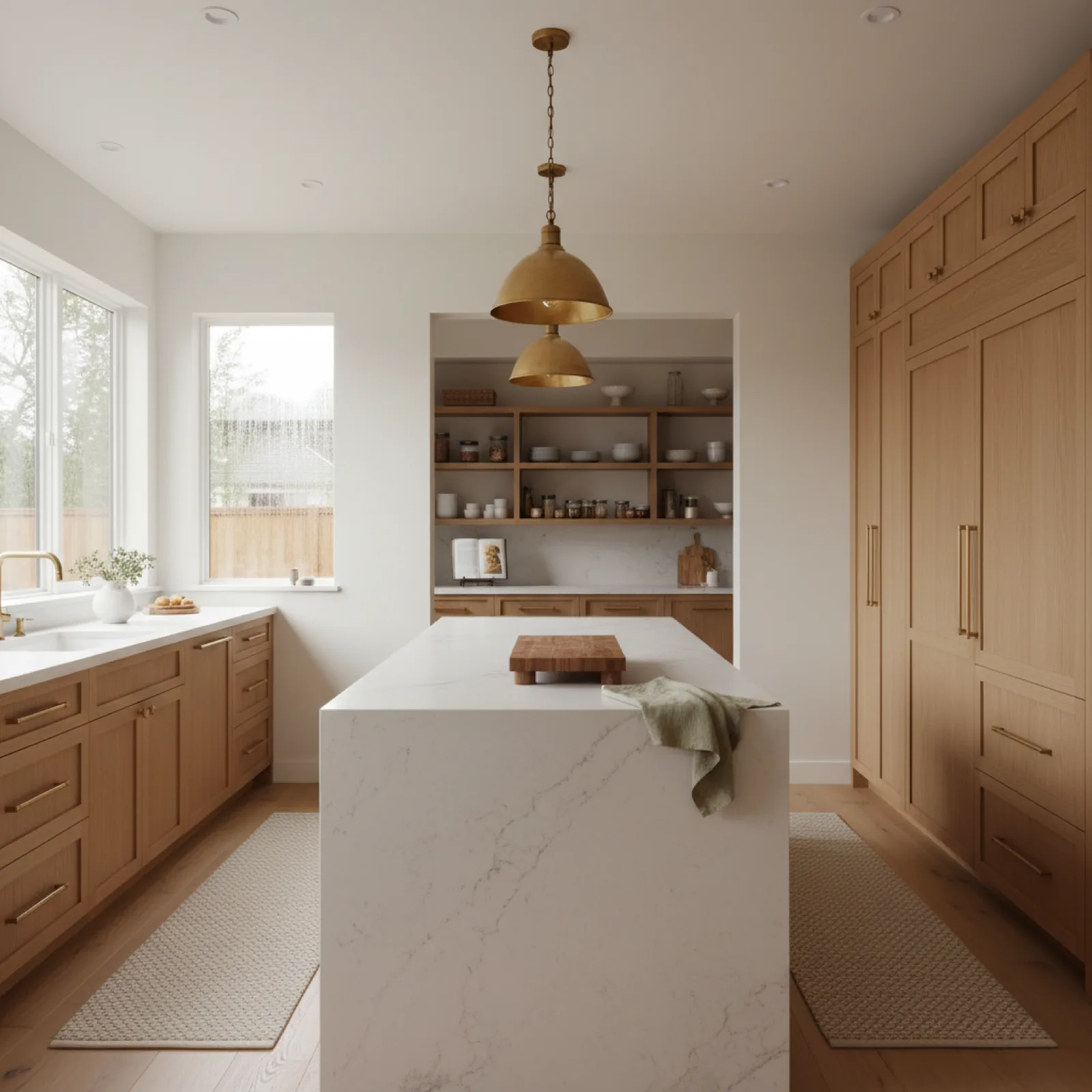 A newly finished 2026 Seattle kitchen with rift-cut white oak cabinets, honed quartzite island, and unlacquered brass hardware — the quiet luxury aesthetic defining the year