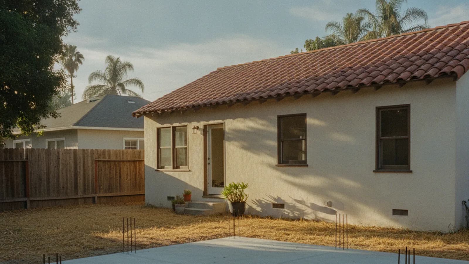 A Los Angeles bungalow backyard in late afternoon light with a freshly poured concrete slab and rebar dowels waiting for a garage conversion