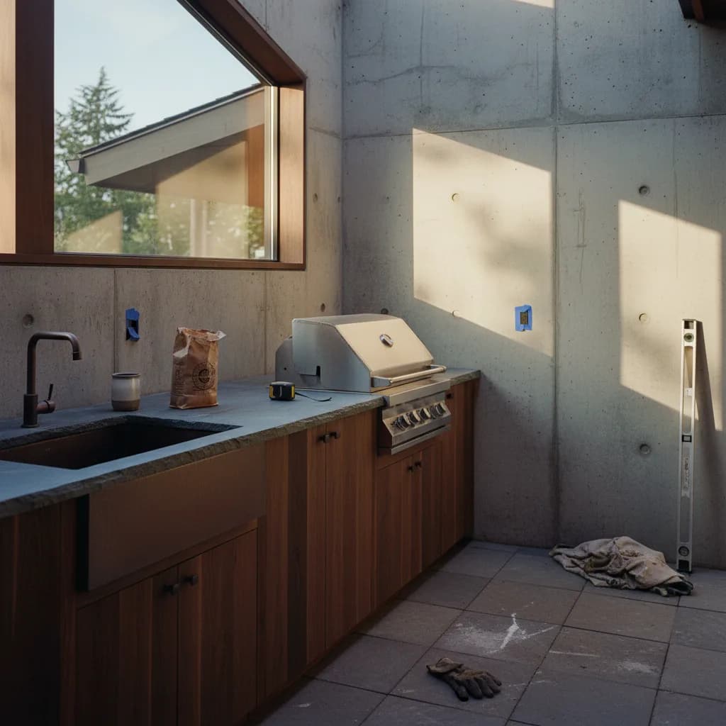 A modern outdoor kitchen in a Portland backyard, featuring a built-in stainless steel grill, concrete countertops, and a dining area under a wooden pergola.