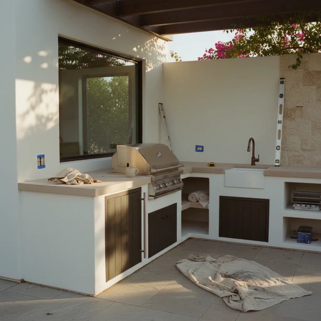 A modern outdoor kitchen in a San Diego backyard at dusk, with built-in grill, stone veneer, and ambient lighting.
