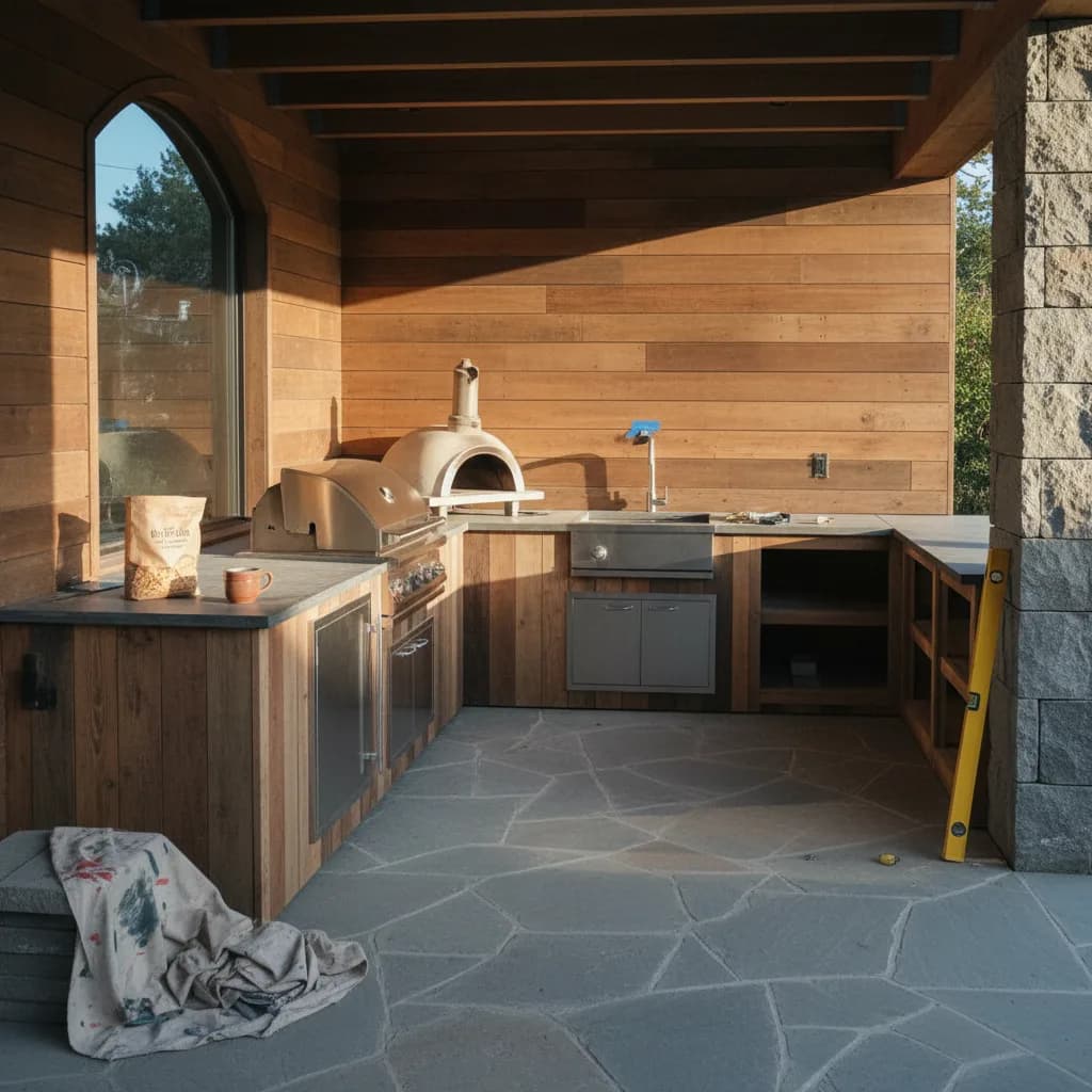 A modern outdoor kitchen in a San Francisco backyard at dusk, with built-in grill, stone countertops, and warm lighting under a pergola.