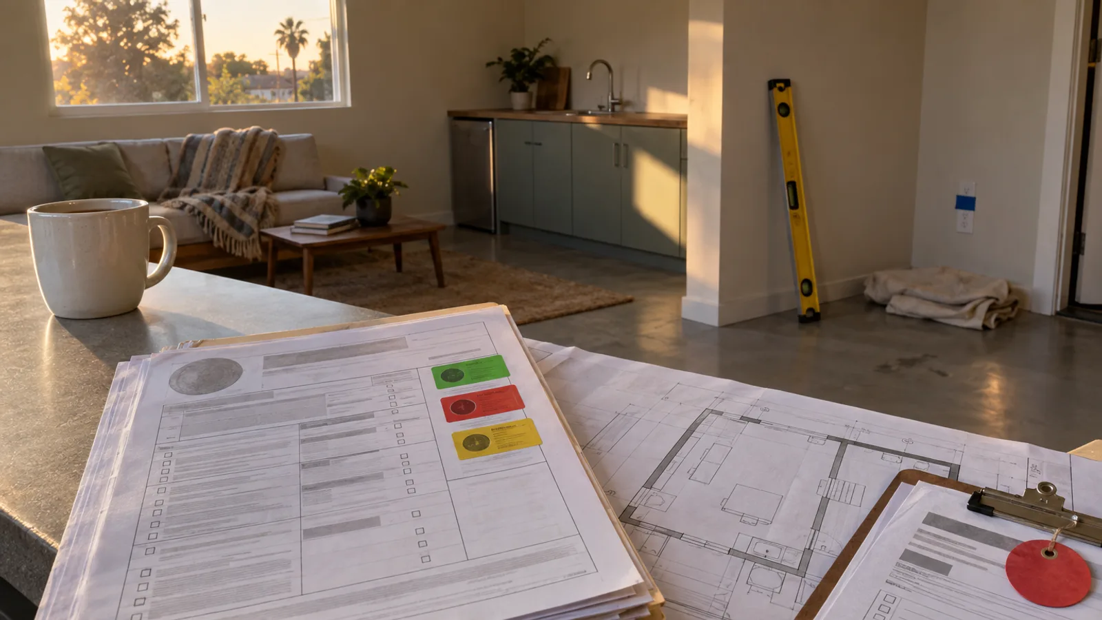 A recently converted garage, now a bright and modern living space with a small kitchen and large windows, viewed from the exterior.