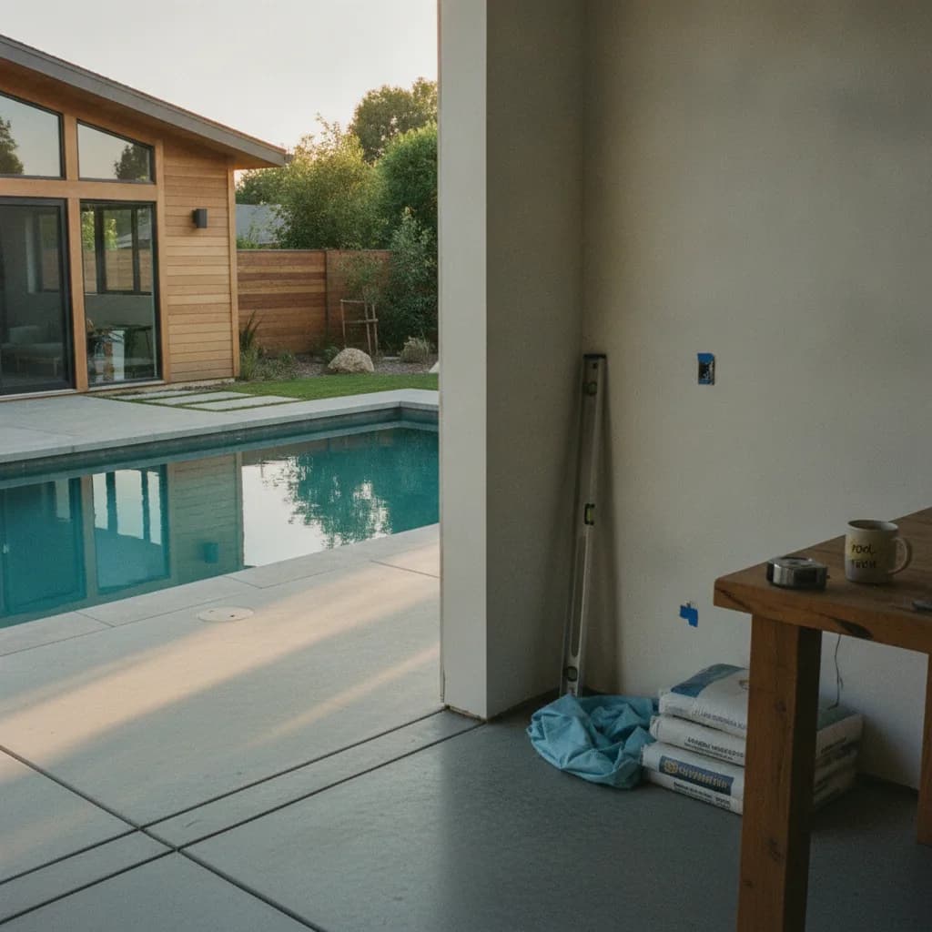A modern in-ground swimming pool in the backyard of a Sacramento home at sunset, with clean lines and glowing underwater lights.