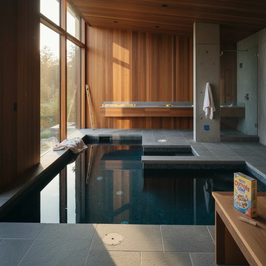 A modern rectangular swimming pool in the backyard of a Seattle home, surrounded by a clean concrete patio and lush green landscaping under an overcast sky.