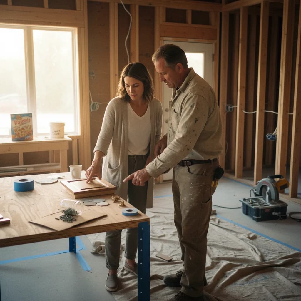 A homeowner and her contractor review siding samples against the exterior of her home.