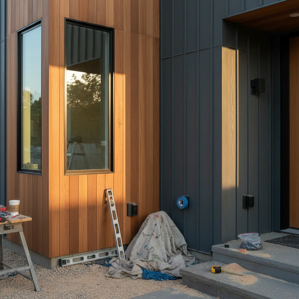 A modern Denver home with new, dark gray fiber cement siding under a clear blue sky, showcasing clean lines and durability.