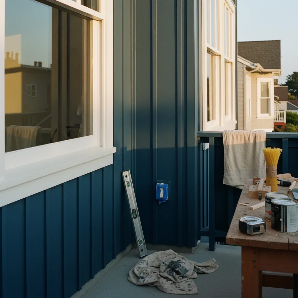 A classic San Francisco Victorian home with freshly installed, multi-colored fiber cement siding under a clear blue sky.
