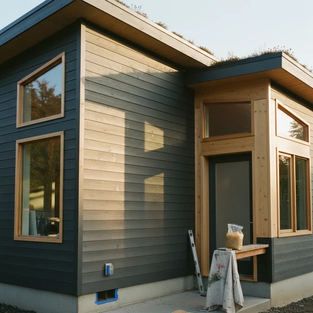 A modern craftsman-style home in Seattle with new, dark gray fiber cement siding, viewed from the street on a clear day.