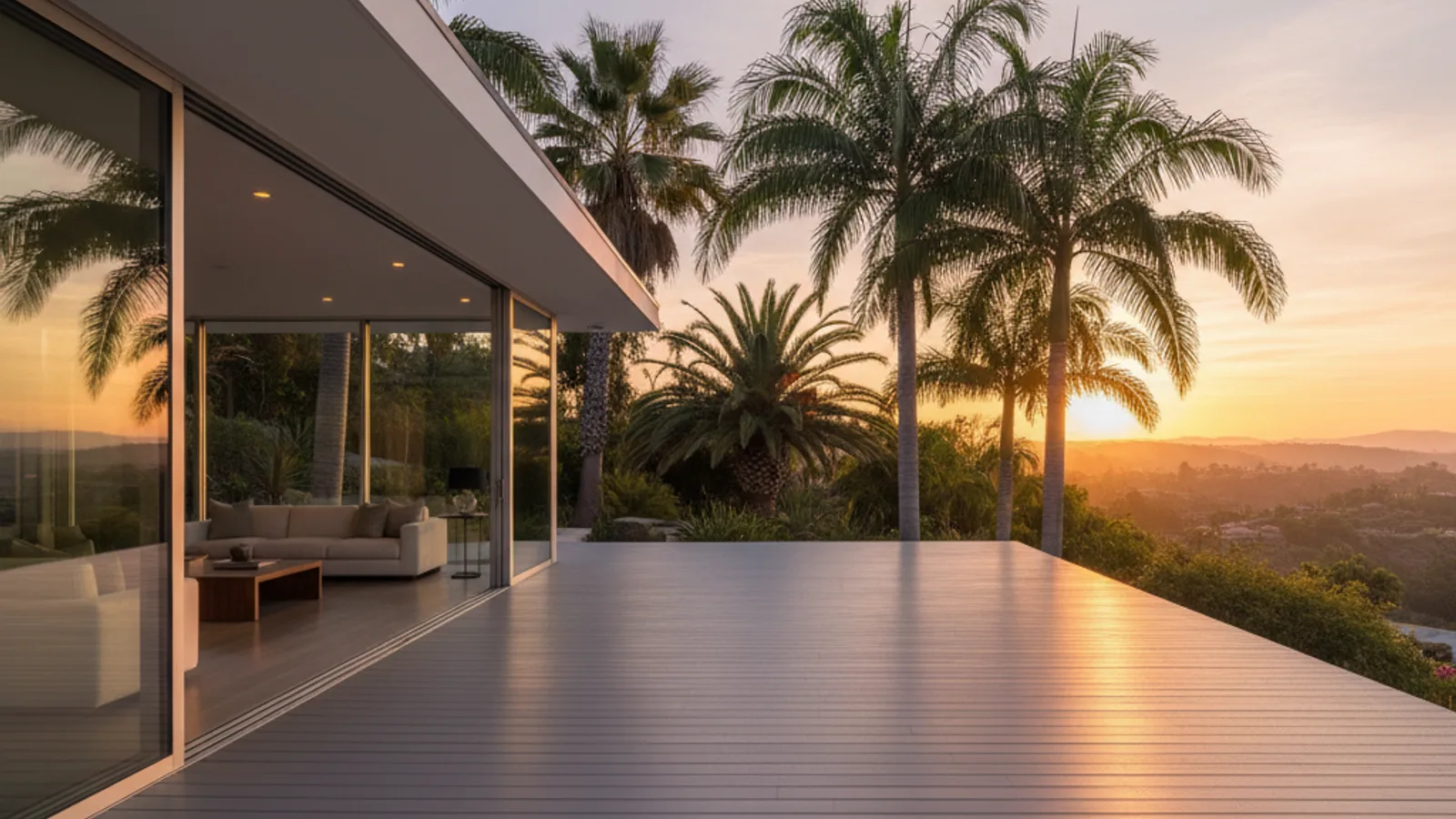 Modern composite deck on a Southern California hillside at golden hour