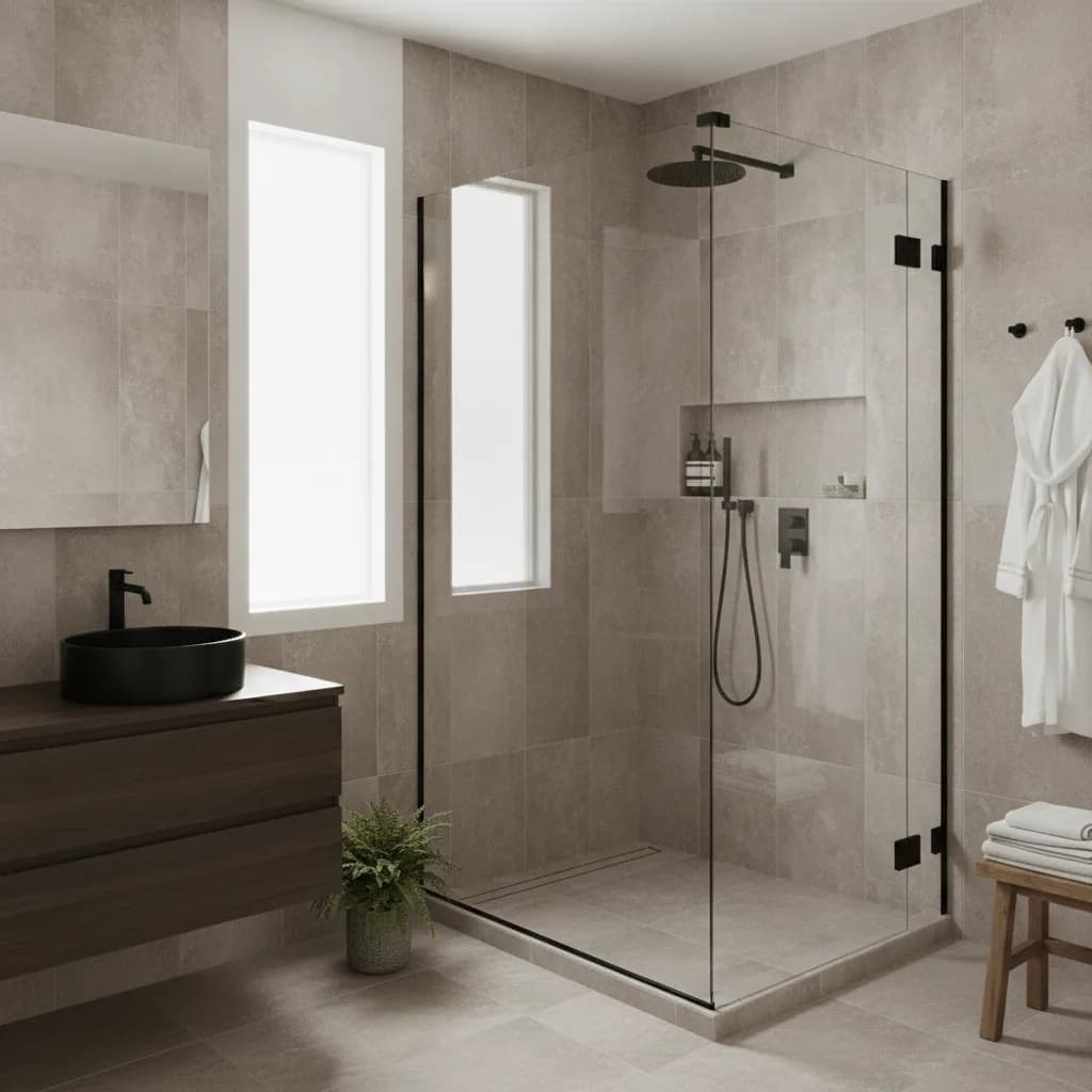 A bright modern bathroom where a bathtub was replaced with a spacious walk-in shower with a frameless glass door and warm gray tile