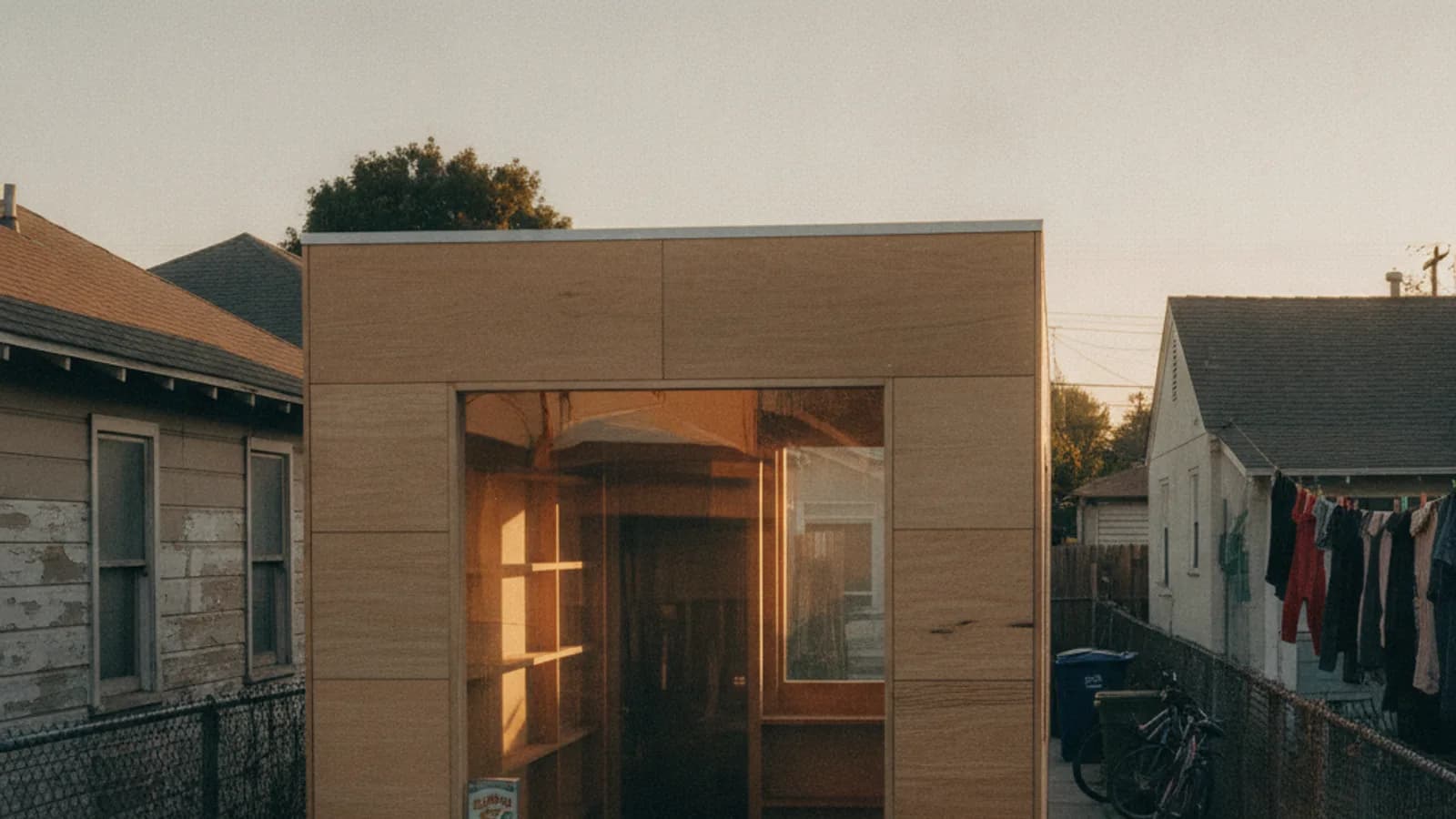 A modern, architecturally designed ADU at twilight, with warm light glowing from inside and highlighting its dark wood cladding and connection to the landscaped backyard.